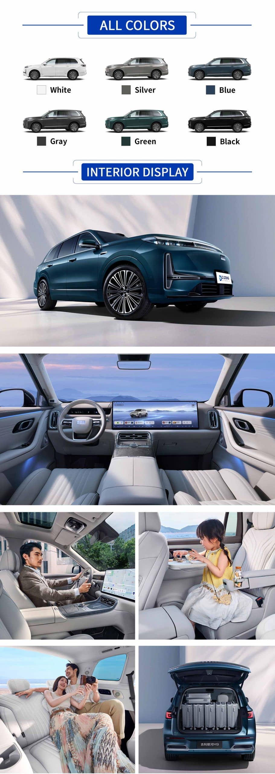 2025 Geely Galaxy M9 Plug-in hybrid mid-to-large SUV showing exterior, interior, and colors